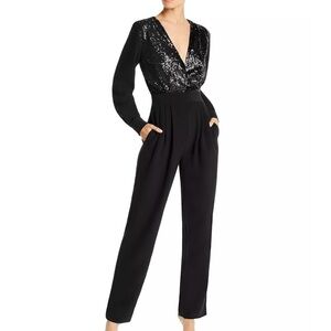 LINI Stella Sequin V-neck Party Jumpsuit Sz S long sleeve straight leg Black NWT
